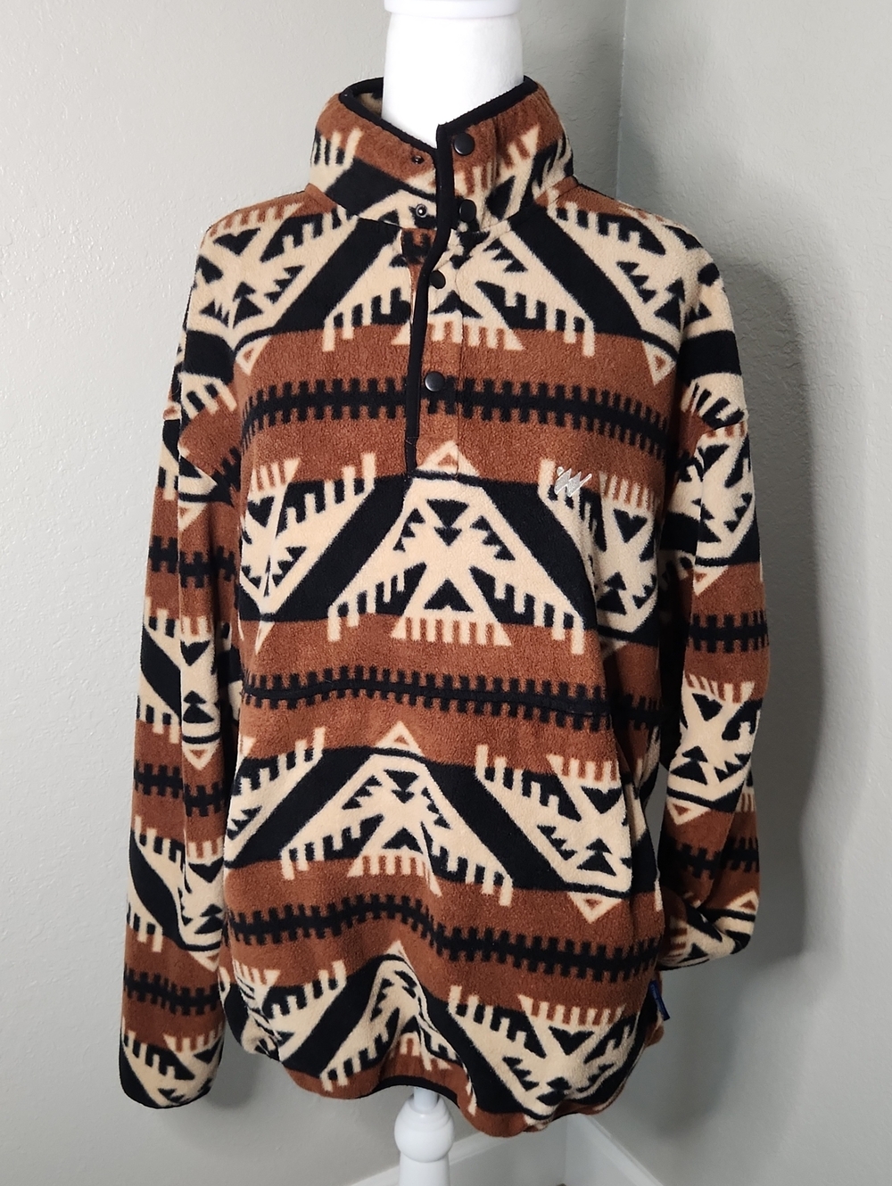 Without Walls Brown Black Cream Aztec Fleece Pullover Kangaroo Pocket